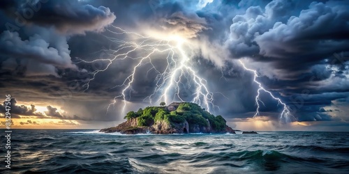 An isolated island during a storm with turbulent seas, ominous clouds, and flashes of lightning