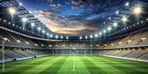 Empty soccer stadium with illuminated floodlights and empty stands