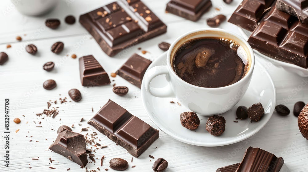 Coffee and chocolate displayed on a white wooden surface Coffee and chocolate displayed on a white wooden surface