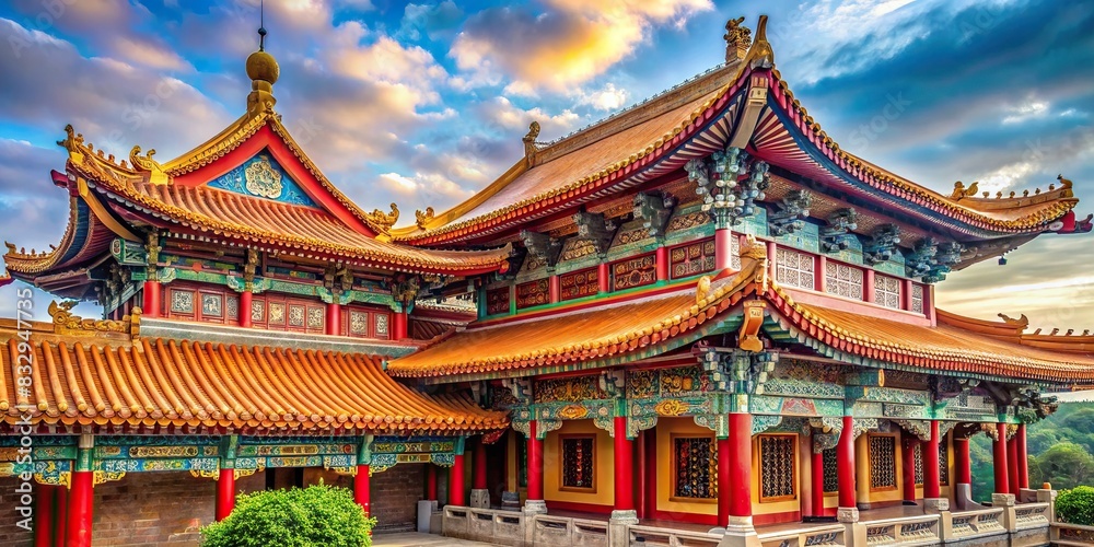 Traditional Chinese temple building with ornate roof and intricate architectural details