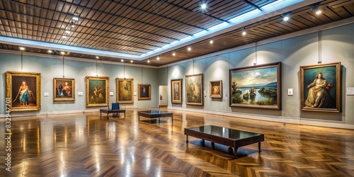 Empty art museum with paintings hanging on the walls