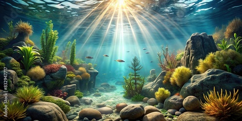 Realistic underwater scene with sunlight shining through the water  rocks  and aquatic plants