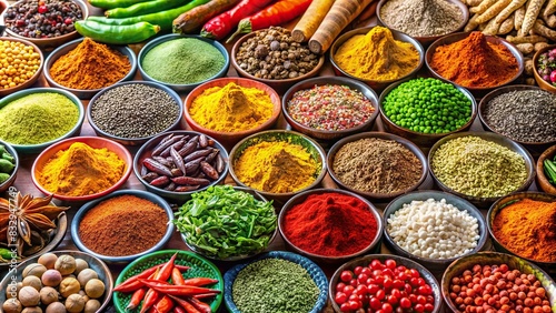 Colorful spices and vegetables neatly organized in an Indian kitchen photo