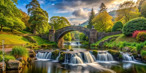 Tranquil landscape featuring majestic bridges and serene waterfalls in ancient UK parks