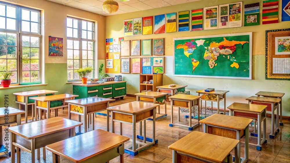 Classroom filled with organized desks and colorful educational posters with a focus on Africa