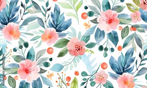 Wallpaper Mural Watercolor Floral Seamless Pattern with Delicate Leaves and Berries, Generative AI Torontodigital.ca