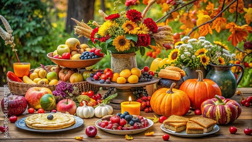 A vibrant autumn table decorated with a variety of food, flowers, and fruits for a festive feast photo