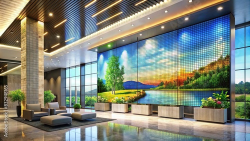 Realistic photo of digital signage mosaic in a lobby setting photo