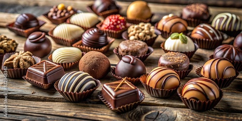 A close-up shot of assorted chocolates with unique flavor combinations on a rustic wooden table photo