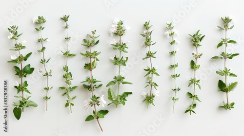 Winter savory Satureja montana freshly picked and displayed against a white backdrop viewed from above