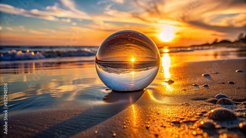 Golden hour sunset reflected in lensball on sandy beach photo