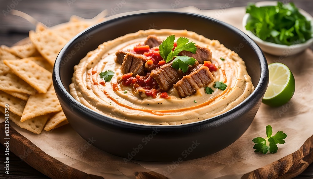 Hummus with meat on top
