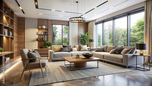 A modern living room with a minimalist design featuring neutral tones and sleek furniture