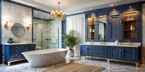 Luxurious bathroom with blue vanity cabinet, standalone bathtub, shower, and gold faucets photo