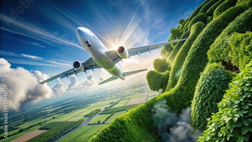 Sustainable aviation fuel concept Image of airplane flying with biofuel green energy photo