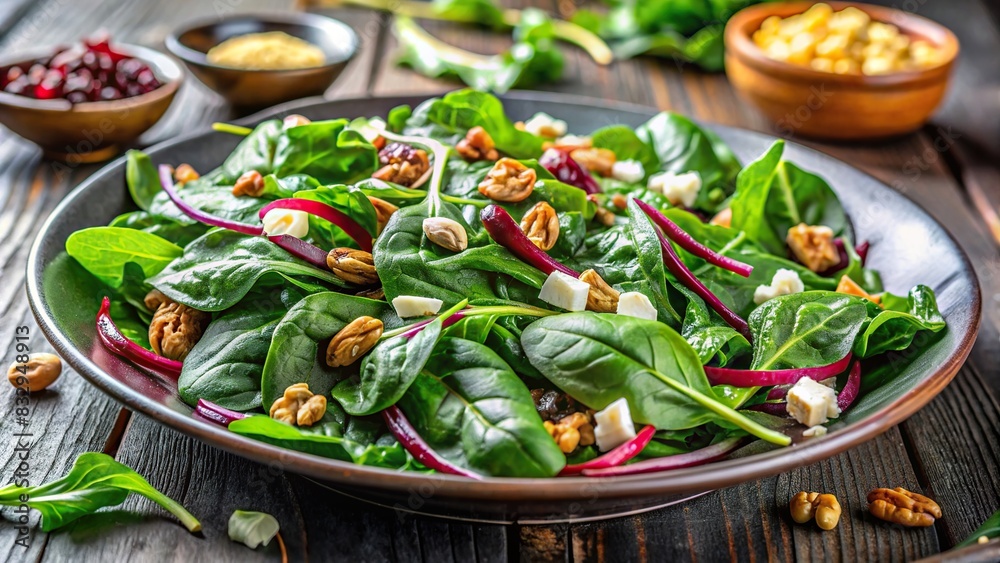 Fresh vegetable green salad with a mix of mangold, swiss chard, spinach, arugula, and nuts on a background