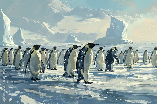 A colony of Emperor penguins waddling across a snowy beach with icebergs in the background. Render the penguins' distinctive markings and the vastness of the Antarctic landscape. photo