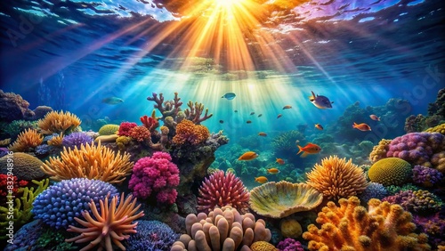 Underwater scene with vibrant coral reef and sunbeam photo