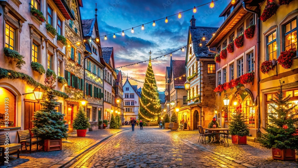Enchanting evening scene of captivating Christmas lights illuminating historic European town streets