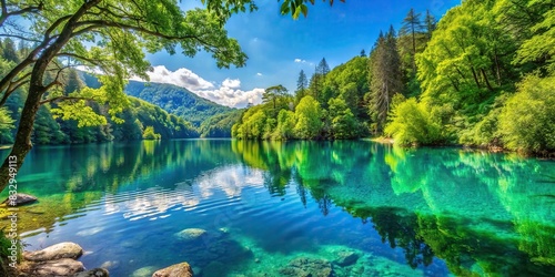 Serene lakeside view with lush green trees and clear blue water photo