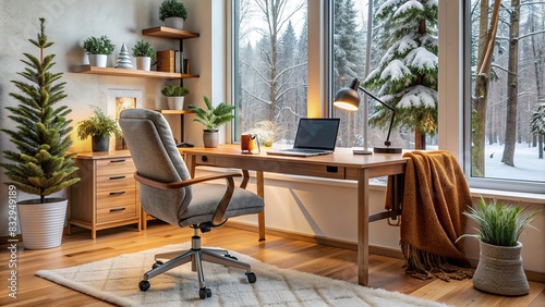 Cozy home office space with a desk, chair, warm blanket, and winter decorations © rattinan