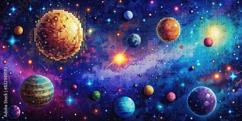 Abstract pixelated space background with stars, planets, and galaxies photo
