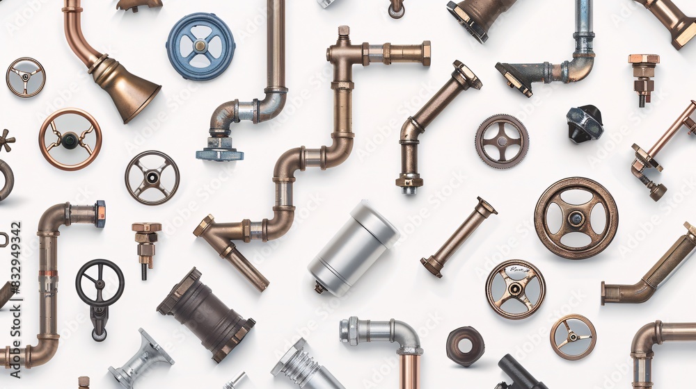 Fototapeta premium A seamless pattern with various plumbing hardware such as pipes, faucets, and valves, illustrated and arranged in rows at a 45-degree angle on a white background