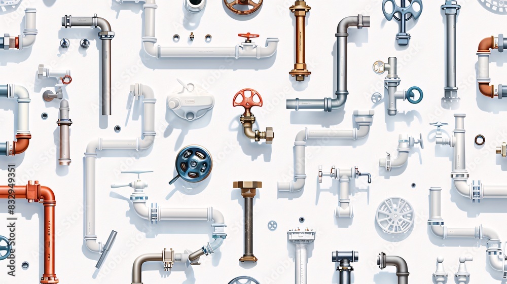 A seamless pattern with various plumbing hardware such as pipes, faucets, and valves, illustrated and arranged in rows at a 45-degree angle on a white background A seamless pattern with various plumbing hardware such as pipes, faucets, and valves, illustrated and arranged in rows at a 45-degree angle on a white background