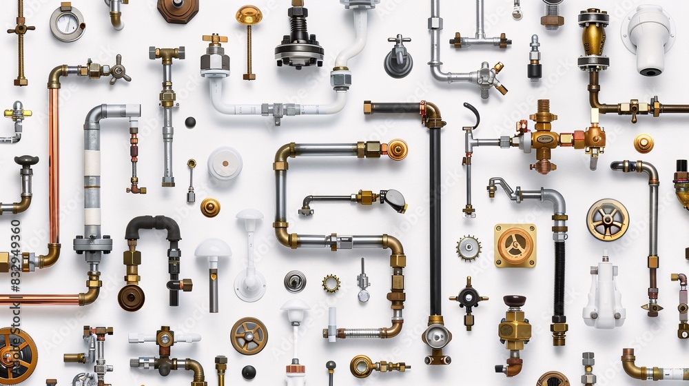 A seamless pattern with various plumbing hardware such as pipes, faucets, and valves, illustrated and arranged in rows at a 45-degree angle on a white background