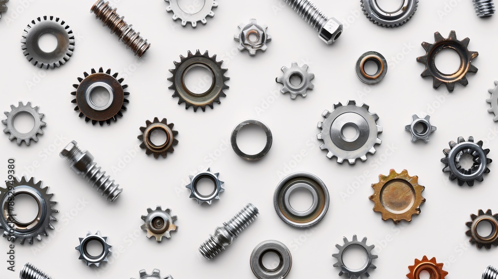A pattern of seamless hardware elements including gears, nuts, and bolts, arranged in rows at a 45-degree angle on a white background, illustrated with precision A pattern of seamless hardware elements including gears, nuts, and bolts, arranged in rows at a 45-degree angle on a white background, illustrated with precision