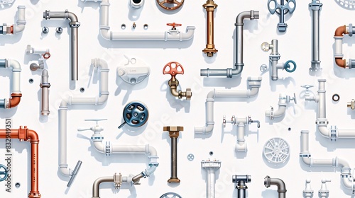 A seamless pattern with various plumbing hardware such as pipes, faucets, and valves, illustrated and arranged in rows at a 45-degree angle on a white background