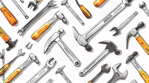 A seamless pattern of various hardware tools such as hammers, screwdrivers, and wrenches, arranged in rows at a 45-degree angle on a white background, illustrated in detail