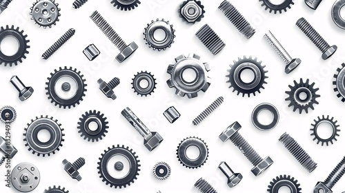 A pattern of seamless hardware elements including gears, nuts, and bolts, arranged in rows at a 45-degree angle on a white background, illustrated with precision