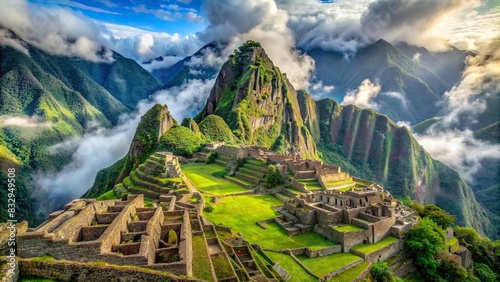 A serene watercolor background of Machu Picchu with lush green mountains and ancient ruins