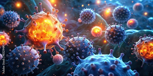 Cg render of glowing t-cells and cancer cells photo