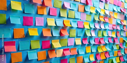 Colorful sticky notes covering a blue wall photo