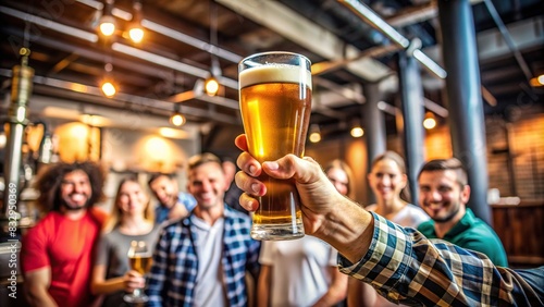Image of a hand holding a glass of beer in a brewery setting, with people cheering in the background, capturing a happy moment spent together with friends at a party or nightclub
