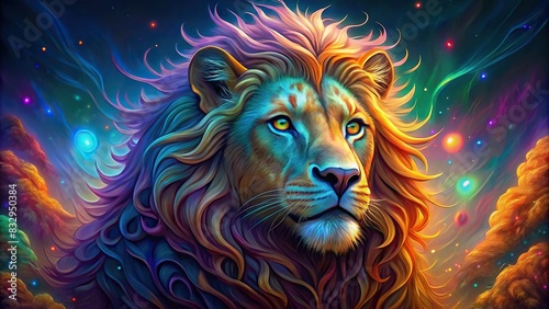Vibrant lion painting with imaginative abstract background elements glowing bright photo