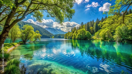 Tranquil lakeside view with clear blue water and lush green trees photo