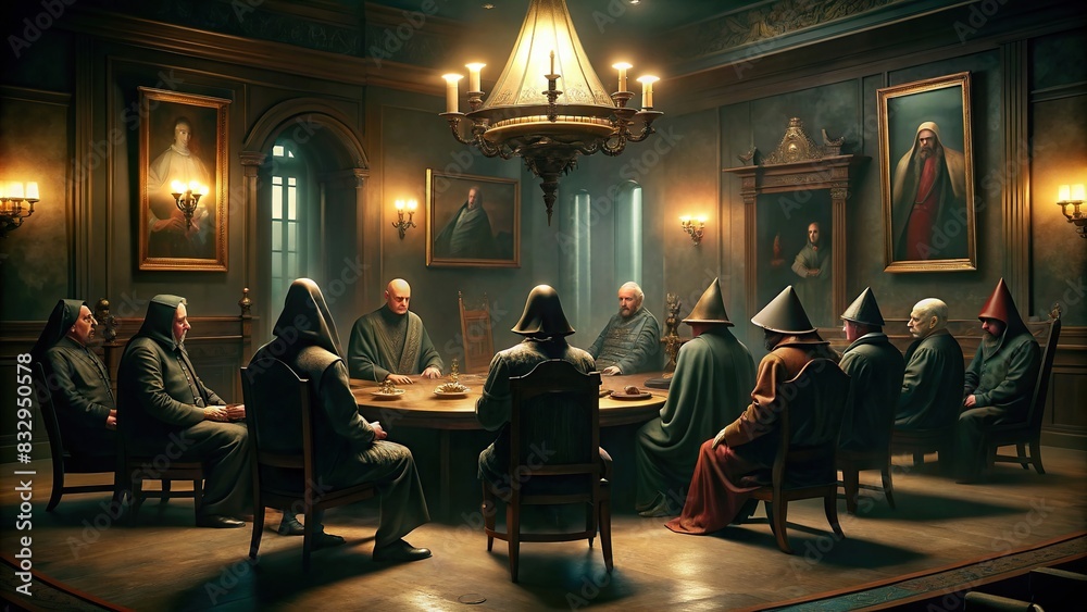 Secret society meeting in a dimly lit room
