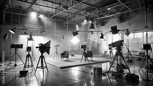 Black and white image of a film studio production set