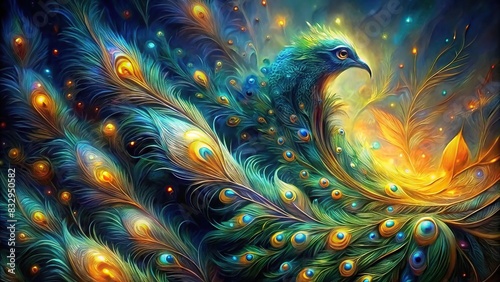 Colorful oil painting of a peacock tail feathers glowing photo