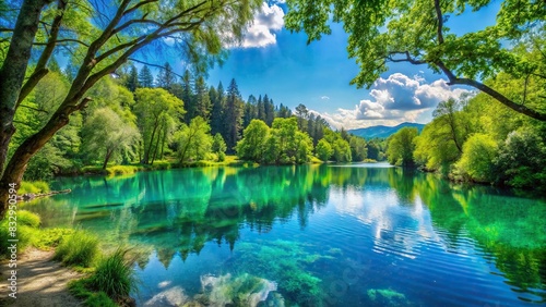 Tranquil lakeside scenery with clear blue water  lush green trees  and a peaceful atmosphere