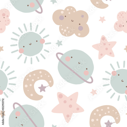 Nordic hand drawn sky elements with moon, Jupiter, sun, cloud. Seamless pattern scandinavian style, pastel blue, pink, brown colors
