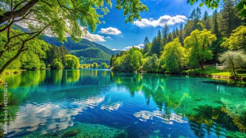 Tranquil lakeside view with clear blue water and lush green trees