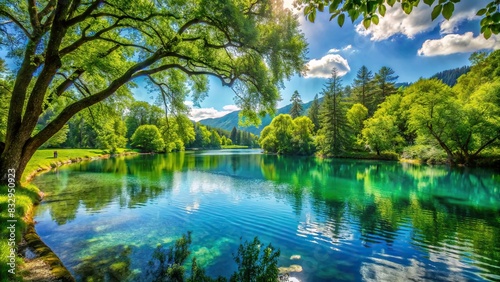 Tranquil lakeside scenery with clear blue water, lush green trees, and a peaceful atmosphere