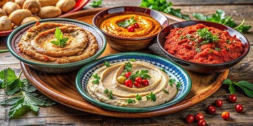 of Turkish meze dishes including hummus, muhammara, and baba ganoush photo