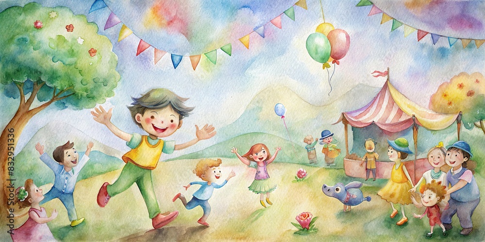 Watercolor of a playful and colorful scene for Children's Day celebration
