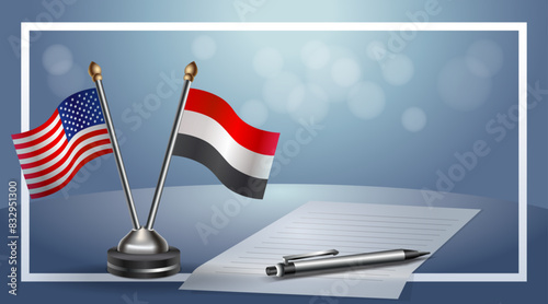 USA and Yemen Small national flag on bokeh background, cooperative relationship