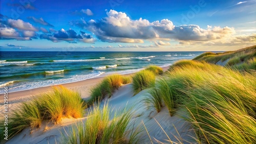 Coastal dune and sea grass with beach and sea in the background photo